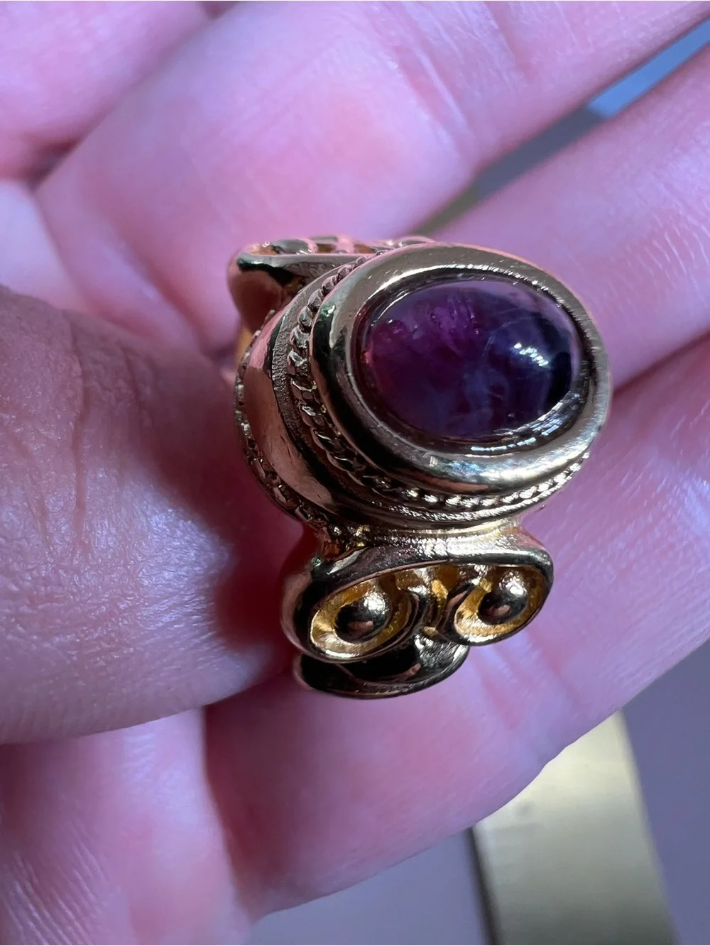 Gold-Tone Women's Ring with Purple Cabochon Stone